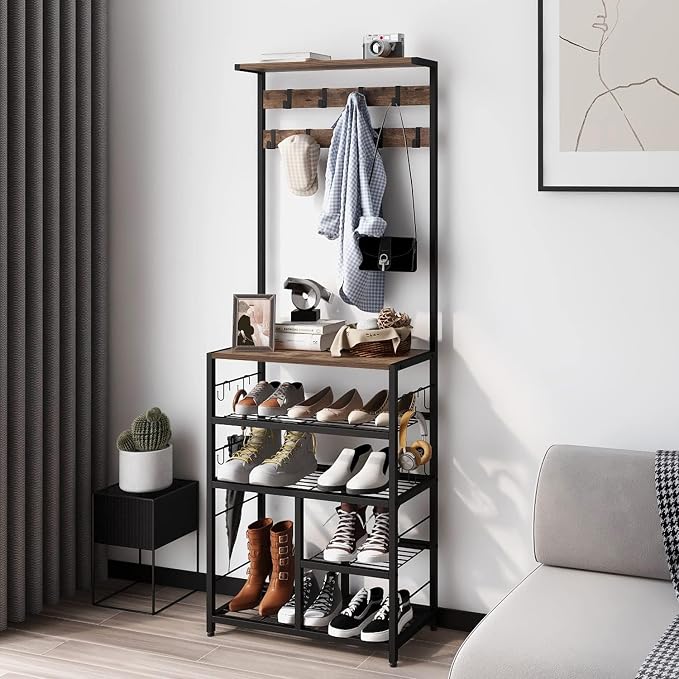 GiftGo Vintage Large 5-Tier Hall Tree with Console Table Entryway Coat Rack Floor Standing Shoes Rack Storage Shelf Organizer for Home Office Bedroom (Rustic Brown) - Image 3