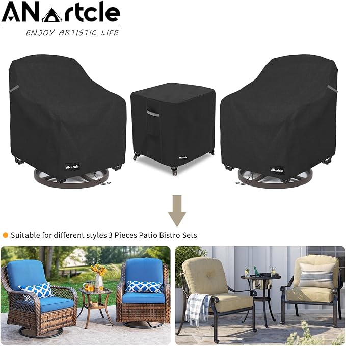 ANartcle 3 Pieces Patio Bistro Sets Cover,600D Waterproof Heavy Duty Patio Furniture Covers,Includes 2 Outdoor Swivel Chair Covers and 1 Patio Wicker Side Table Cover(Black) - Image 4
