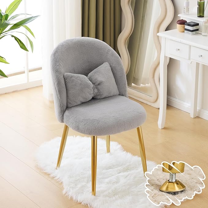 VINGLI Fluffy Girls Vanity Chair with Back & Pillow,Cute Small Cozy Desk Chair No Wheels,Comfy Makeup Ch with Ajustable Gold Legs,for Bedroom,Living Room,Small Space,Grey