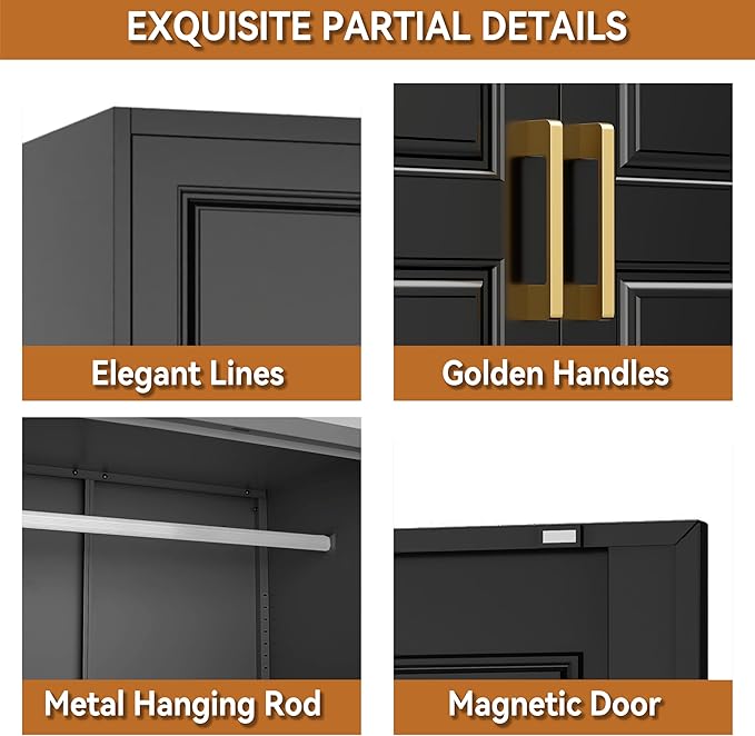 Polup Metal Armoire Closet, 86 Inch Tall Wardrobe Armoire with Hanging Rod, Wardrobe Closet for Clothes with Doors, 18" D x 32" W x 86" H,Black, Assemble Required, Shipped in Two Packages