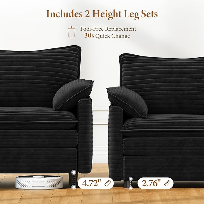 Vesgantti 108" Sectional Sleeper Sofa, 6-Seater Oversized Modular Cloud Couch with Movable Ottoman, Corduroy Large Sofa Bed Convertible Deep Seat Couches for Living Room, Bedroom and Apartment, Black