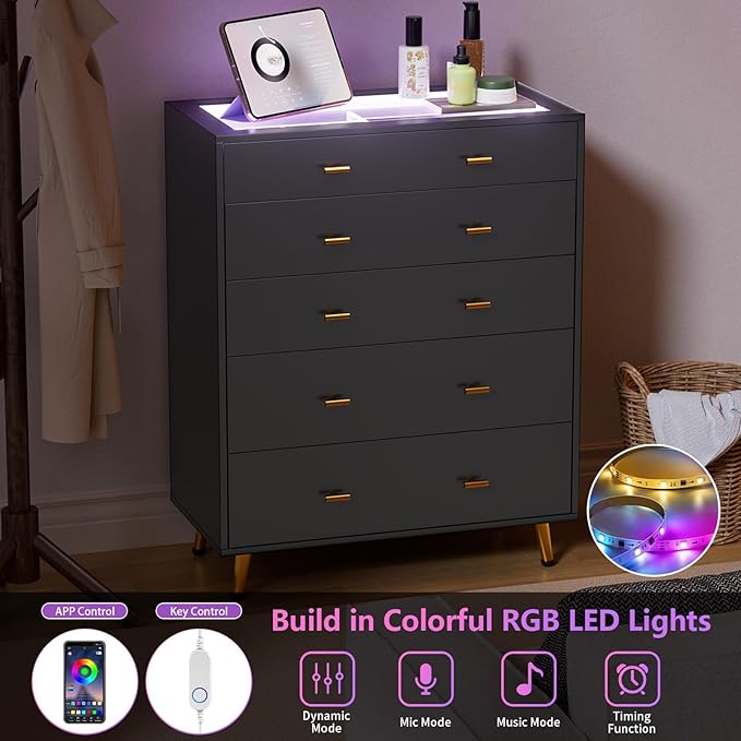 Closet Island with LED Lights, 38" H Tall Tempered Glass Top Dresser, Modern Wood Wardrobe Closet Island for Bedroom, Living Room, Black