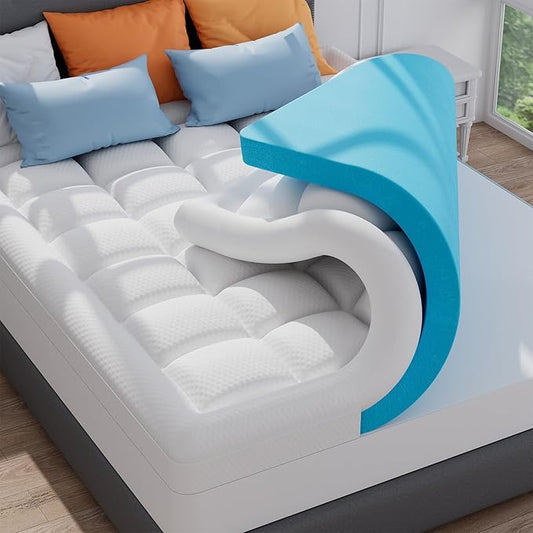 ELEMUSE 3 Inch Dual Laye Memory Foam Mattress Topper Cal King, 2 Inch Cooling Gel Foam & 1 Inch Plush Pillow Top Pad, Extra Length Luxury Bed Topper for Tall Sleepers, Premium Pressure Relief Comfort