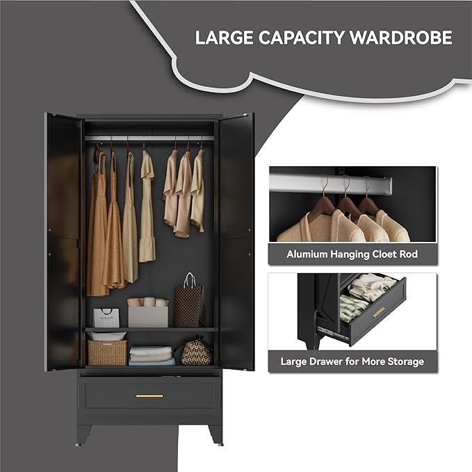 Black Metal Wardrobe Closet, Steel Armoire Wardrobe with Drawer Clothes Cabinet for Bedroom, 71" Tall Farmhouse Armoire Closet with Drawer, Shelf and 2 Doors Clothing Storage Cabinet with Hanging Rod