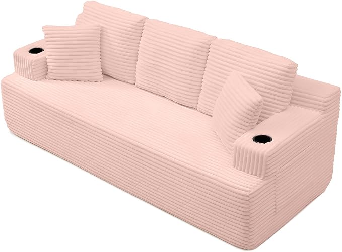 Eafurn Floor Loveseat Boneless Sofa Couch in a Box with Cup Holder and Side Pockets, 3 Seater Comfy Corduroy Upholstered Foam Couch with Deep Seating for Living Room,No Assembly | Breathable material, Cupholders
