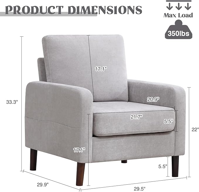 Accent Chair for Living Room, Modern Reading Chair for Bedroom, Upholstered Armchair with Wood Legs and Side Pockets, Single Sofa Side Chair for Office, Small Room, Apartment, Light Grey