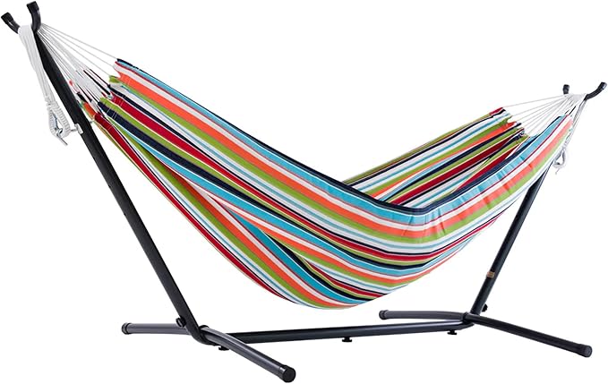 Vivere Double Sunbrella Hammock with Space-Saving Steel Stand, Heavy-Duty Portable Outdoor Hammock Set for Backyard, Patio, or Travel, Confetti by Vivere