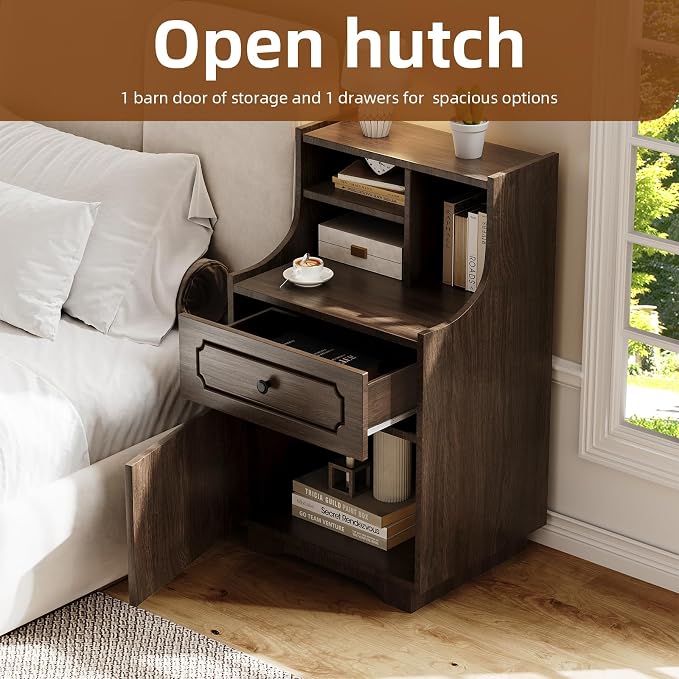 4ever2buy Farmhouse Nightstand Set of 2 with Hutch, 30 inch Tall Nightstands with Storage, End Tables Bedside Tables for Bedroom, Dark Oak - Image 3