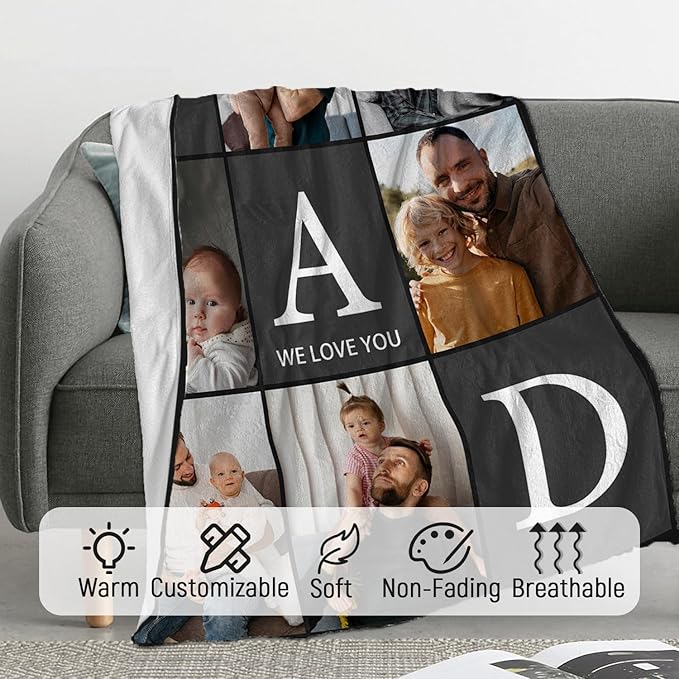 ROMANDY Ships Next Day Gift for Dad Custom Blanket with Picture Customized Banket Personalized Throw Blankets Customizable Photo Blankets Customize for Dad Husband Grandpa Papa