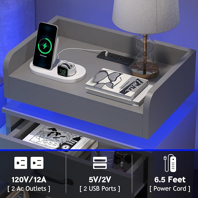 4ever2buy Grey Nightstand with Charging Station and LED Lights Modern Bedside Table with 2 Drawers End Table for Bedroom - Image 3