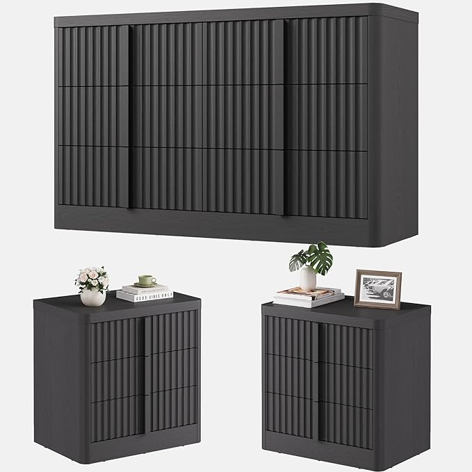 Fluted Dresser and Nightstand 3-Piece Bedroom Set, 47" Wide 6-Drawer Dresser and 2 of 3-Drawer Nightstands with Charging Station, Curved Profile Design, Modern Bedroom Dressers Sets, Black