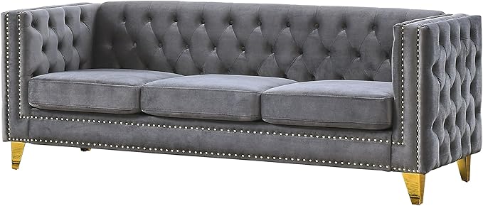 KEIKI Tufted Velvet 3+2 Seat Sofa Couch for Living Room, Buttons Tufted Square Arm Couch for Home Apartment, Gray