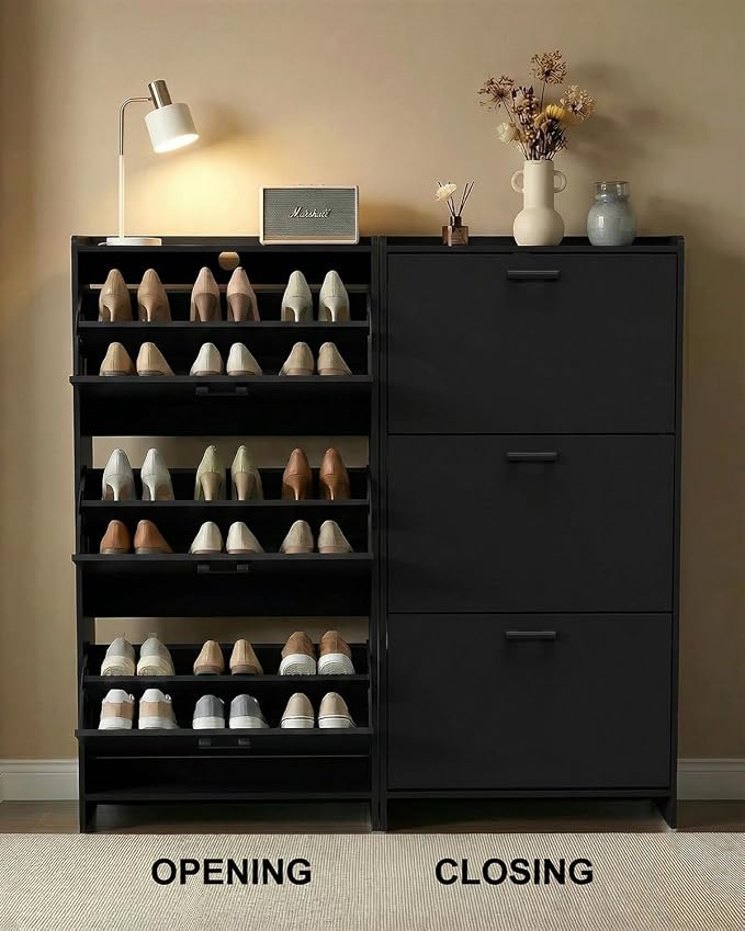 Shoe Cabinet with 2 or 3 Flip Drawers, Narrow Shoe Storage Cabinet, Hidden Shoe Organizer for Entryway, Space Saving Shoe Rack for Hallway, Living Room (Black, 3 Drawers with Handle) - Image 4