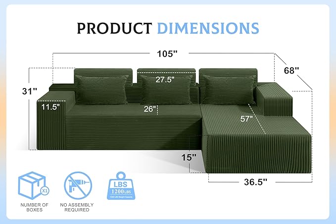 Homguava Modular Sectional Couches for Living Room,105" Cloud Couch with L-Shape Chaise,Comfy Sofa Living Room Sofas with Deep Seat,No Assembly L Couch,Corduroy Fabric(Green,R)