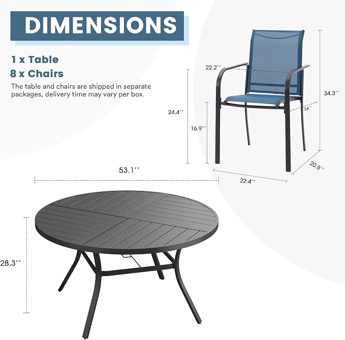 DIFY 9 Pieces Outdoor Patio Dining Set for 8, 53.1" Black Round Metal Dining Table and 8 Blue Stackable Textilene Patio Chairs, Outdoor Table and Chairs for Backyard Garden Poolside - Image 8