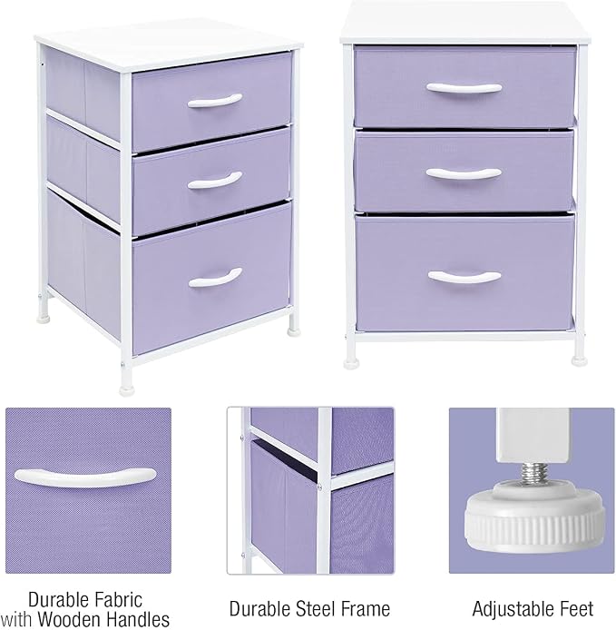 Sorbus Nightstand with 3 Drawers - Furniture Storage Chest Tower Unit for Bedroom, Hallway, Closet, Office Organization - Steel Frame, Wood Top, Pastel Fabric Bin (Purple) - Image 4