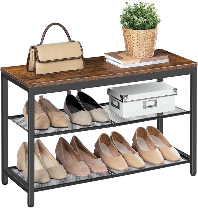 HOOBRO Shoe Bench, 3-Tier Shoe Rack, Industrial Shoe Organizer Storage Bench, 29.5 inches Entry Bench with Mesh Shelves, for Entryway, Living Room, Hallway, Easy Assembly, Rustic Brown BF75HX01 - Image 9