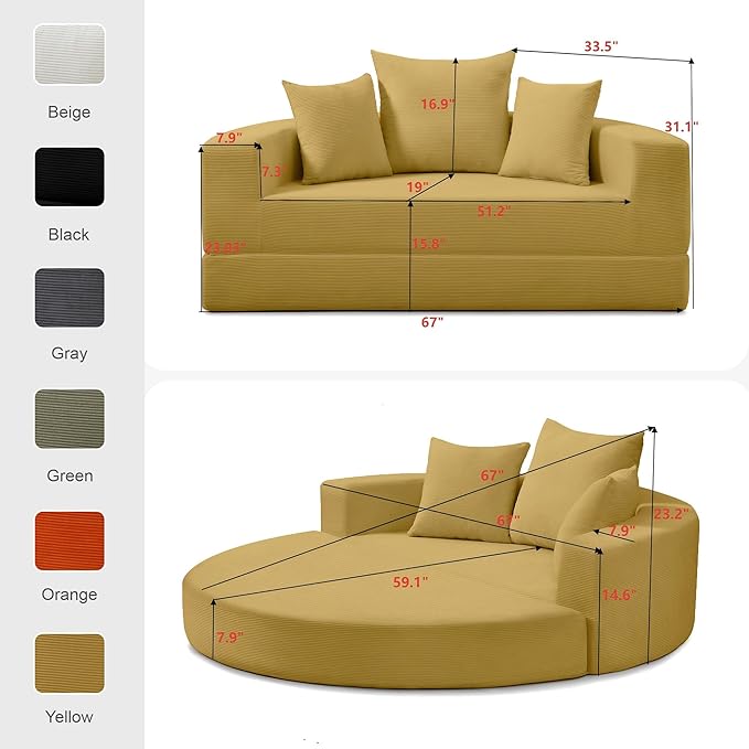 Casaphoria 67'' Sleeper Sofa for Small Spaces,Convertible Foldable Couch Bed with Armrests,Space Saving Guest Bed for Apartments,Dorms,Living Room(Yellow)