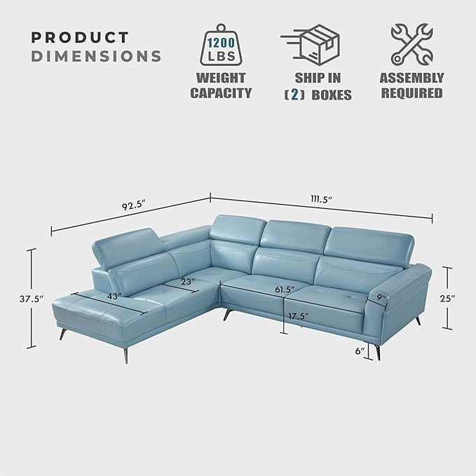 Lexicon L-Shaped Sectional Couch with Left Chaise, Top Grain Leather Match Sectional Sofa, Adjustable Headrests, Black Chrome Metal Legs, High-Density Cushions, Stitching, for Living Room, Blue