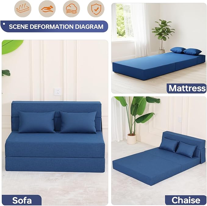 Folding Sofa Bed, Foldable Sleeper Chair with Pillow, Convertible Fold Out Chair Bed with Washable Cover, Foldable Mattress for Living Room, Bedroom, Guest Room, Standard Size, Blue