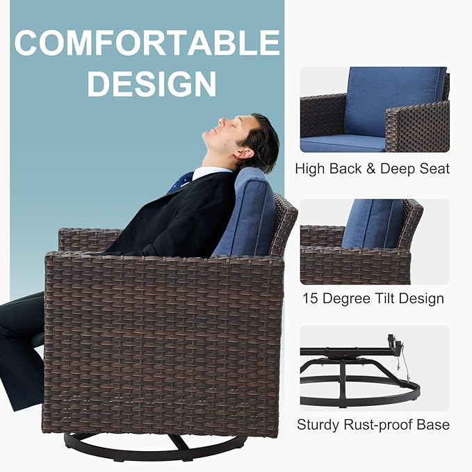 Belord Spacious 11 Pieces Patio Conversation Set - 5-Seater Outdoor Furniture Sectional Sets with Swivel Glider Chairs Set of 4 and Storage Box, Metal Top Coffee Table with Embedded Ottoman Brown