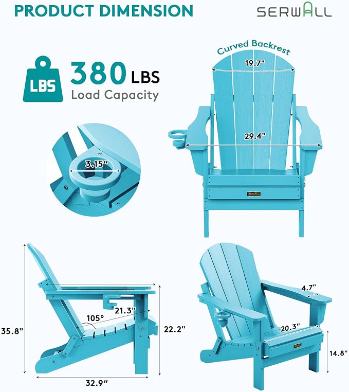 SERWALL Folding Adirondack Chair with Cup Holder Weather Resistant Patio Chair Outdoor Chairs Painted Adirondack Chairs Set of 2 - Aruba Blue - Image 3