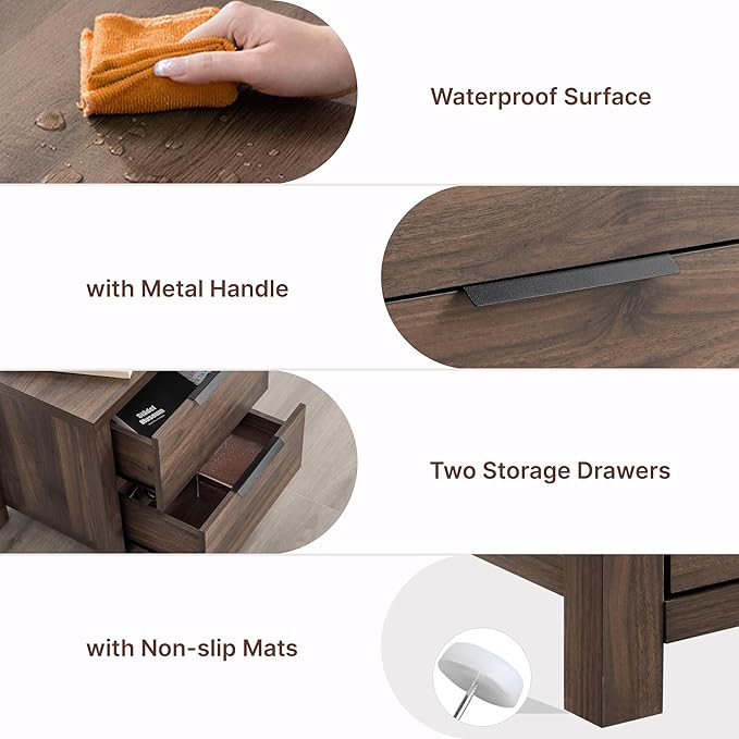KISLOT 3 Pieces Bedroom Set, Wood Bed Frame with Upholstered Headboard & 2 Nightstands with Storage, Wooden Platform Mattress Foundation Farmhouse Bedroom Furniture Set