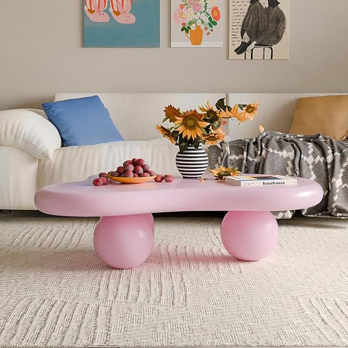40" Cloud Coffee Table for Living Room Irregular Coffee Table Modern Low Coffee Tables Cute Center Table with 3 Ball Legs for Small Space Apartment Cream Pink