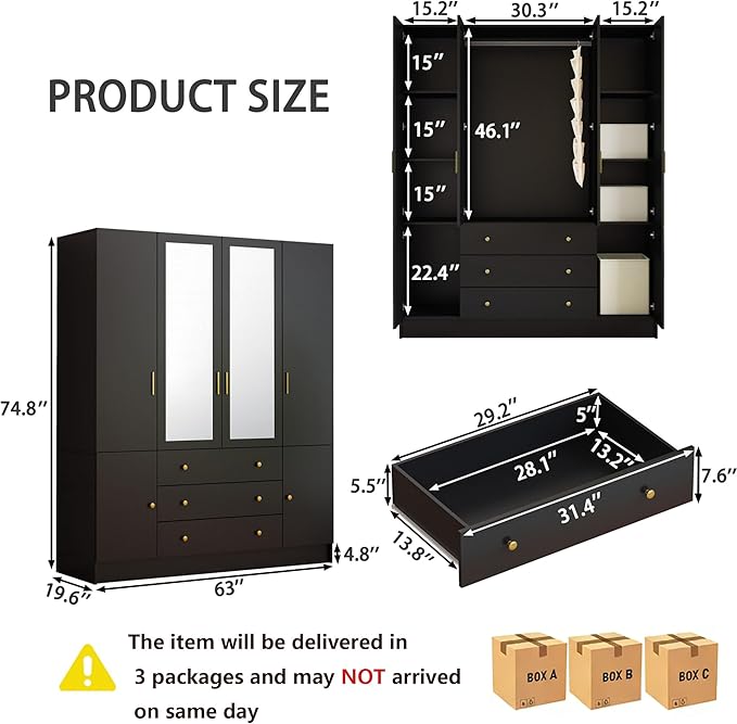 4 Doors Mirrored Wardrobe Armoire Closet with Drawers, LED Armoire Storage Cabinet with Adjustable Shelves & Hanging Rod, 74.8" H Freestanding Clothing Storage Cabinet for Bedroom, Black
