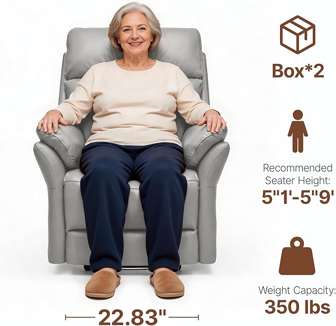 AIRSKY Genuine Leather Recliner Chair, Top Grain Leather, Italian Water-Washing Process, Living Room Chair with Lumbar Support,for Theater Seating, Bedroom, Grey,R1