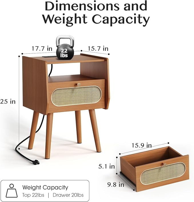JOINICE Night Stand Set 2, Mid Century Modern Nightstands Drawer, Rattan Bedside Table with Charging Station, Boho End Table with Storage, Wood Bed Side Tables for Bedroom, Small Space, Cherry - Image 2
