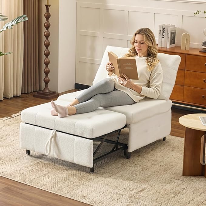 VINGLI Convertible Sofa Bed Tufted Teddy Fleece Sleeper Chair Bed Couch Armless Living Room Chairs with Adjustable Backrest Pull Out Couch Bed for Small Spaces | Armless Sofa Bed
