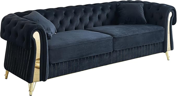 KEIKI 89" Chesterfield Velvet Button Tufted Sofa with High Density Foam Cushions and 2 Toss Pillows, Modern Style 3-Seater Couch with 4 Gold Metal Leg, Easy Assembly, for Living Room, Apartment, Black