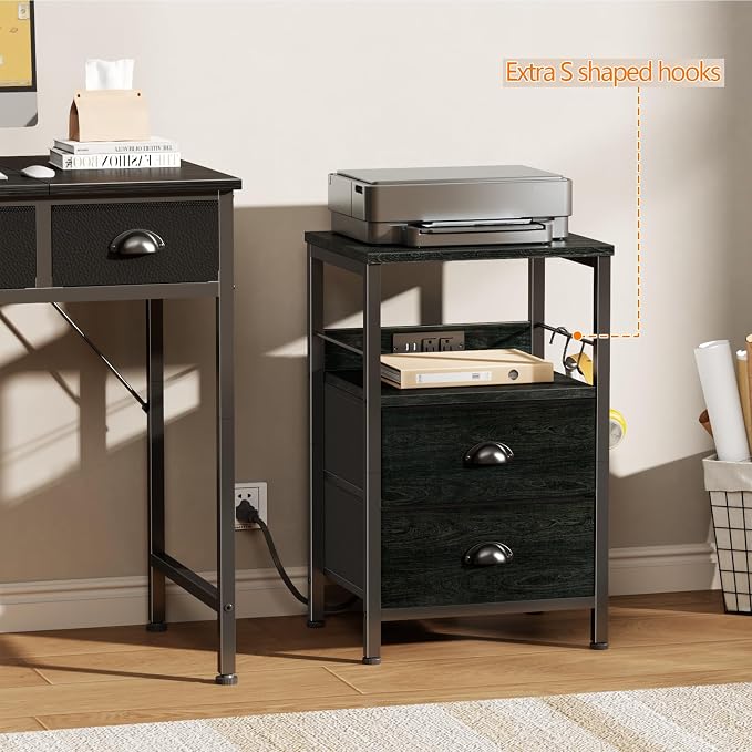 Furologee Nightstand Set of 2, Black Oak, with Charging Station and USB Ports, Side Tables with 2 Fabric Drawers, Bedside Tables with Storage Shelf & Hooks, for Living Room/Bedroom - Image 8