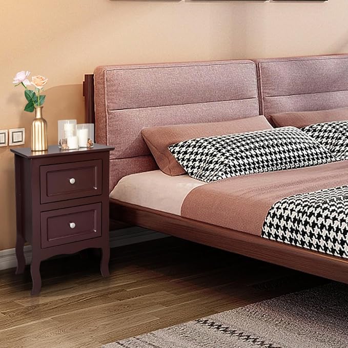 Karl home Brown Nightstand Set of 2 for Bedroom, Vintage Small Night Stand with Drawers, Farmhouse Side Table, Wooden End Tables with Curved Legs for Office, Mid-Century - Image 8