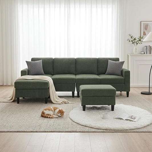 101" L-Shape Modular Sectional Couch, Convertible Corduroy Couch with 2 Ottomans, Modern 4 Seater Upholstered Modular Sectional Sofa for Apartment, Living Room, Dark Green