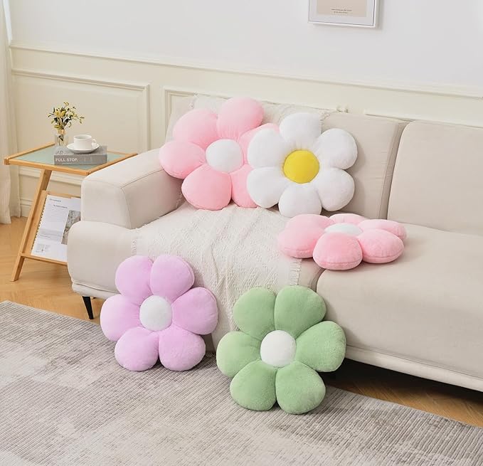Flower Pillow???Daisy Flower Throw Pillow 15.7In Floor Pillow Cushion Cute White Home Decorative Pillows for Sofa Couch Bed