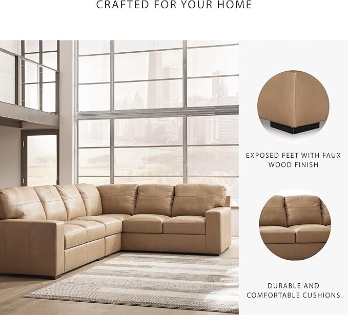Signature Design by Ashley Bandon Modern Leather Match Right-Arm Facing 3-Piece Sectional with Removable Cushions and Armrest, Light Brown
