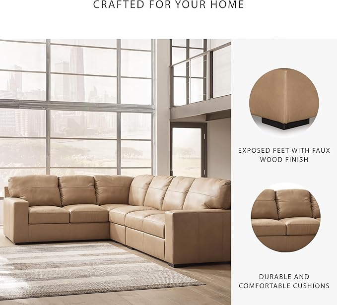 Signature Design by Ashley Bandon Modern Leather Match Left-Arm Facing 3-Piece Sectional with Removable Cushions and Armrest, Light Brown