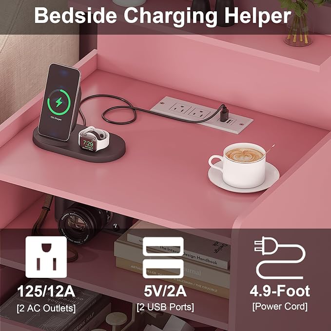 Nightstand Set of 2 with Charging Station and LED Lights, Bedside Table with 2 Drawers and Open Storage Shelf, 2 USB Ports and 2 AC Outlets, LED Night Stands for Bedroom Set of 2, Pink - Image 6