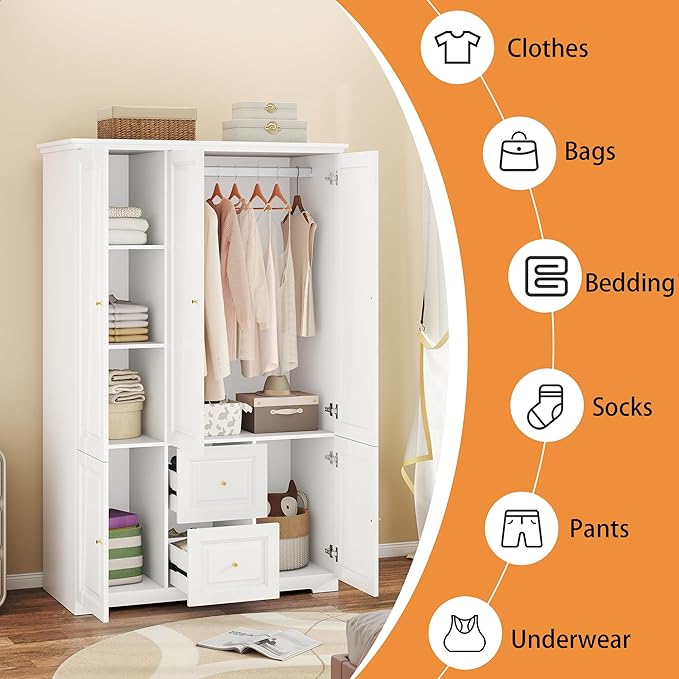 White Armoire Wardrobe Closet with Drawers: Wardrobe Closet for Hanging Clothes, Modern Bedroom Armoires with Hanging Rod, Wardrobes Closets with Doors and Shelves (White, 47")