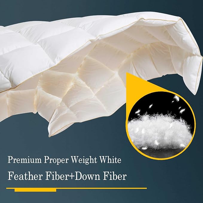 Puffy White Feather Comforter King Size, All Season Duvet Insert Feather Downfiber Filled, 100% Cotton Luxury Hotel Collection, 4 Corner Loops, Gold Piping