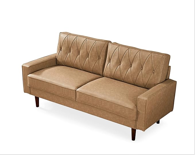 Container Furniture Modern Style Faux Leather Sofa with Elegant Round Tapered Legs and Button Tufted Backrest Perfect for Living Room, Bedroom or Home Office, 69.3’’ Wide, Camel