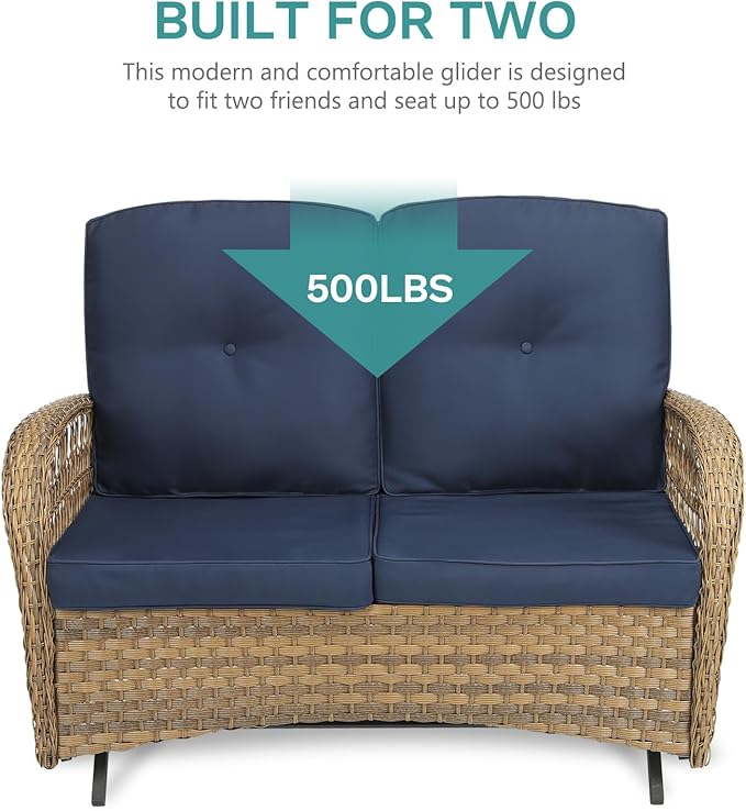 MEETWARM 4 Piece Outdoor Wicker Patio Set w/Glider Loveseat, 2 Chairs & Glass-Top Coffee Table, Thickened Cushions, Navy Blue