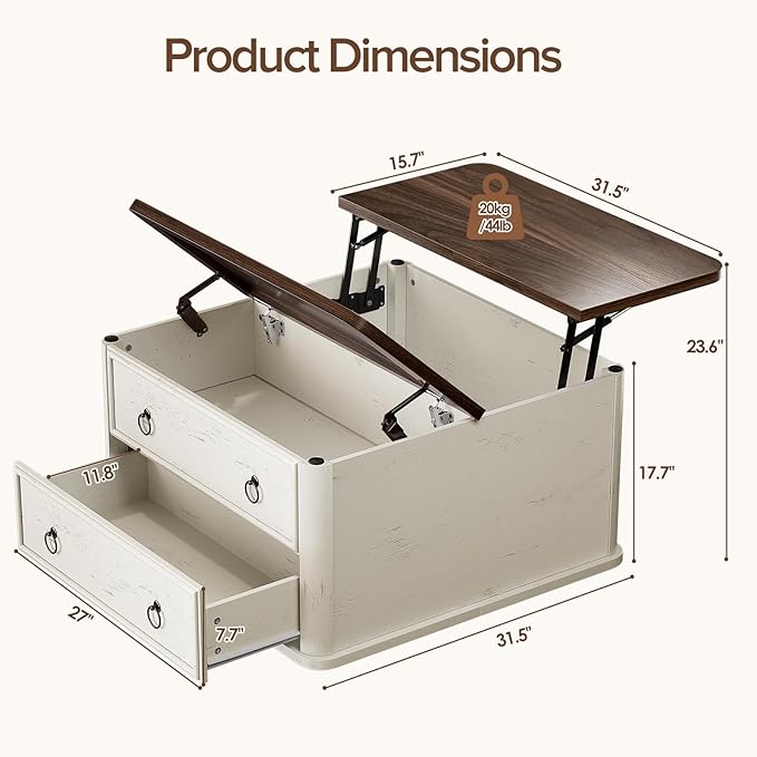 31.5" Lift Top Coffee Table with Storage,Square Coffee Tables with Lifting top for Living Room,Farmhouse Coffee Table with Storage Drawers and Large Hidden Compartment,Rustic White+Walnut