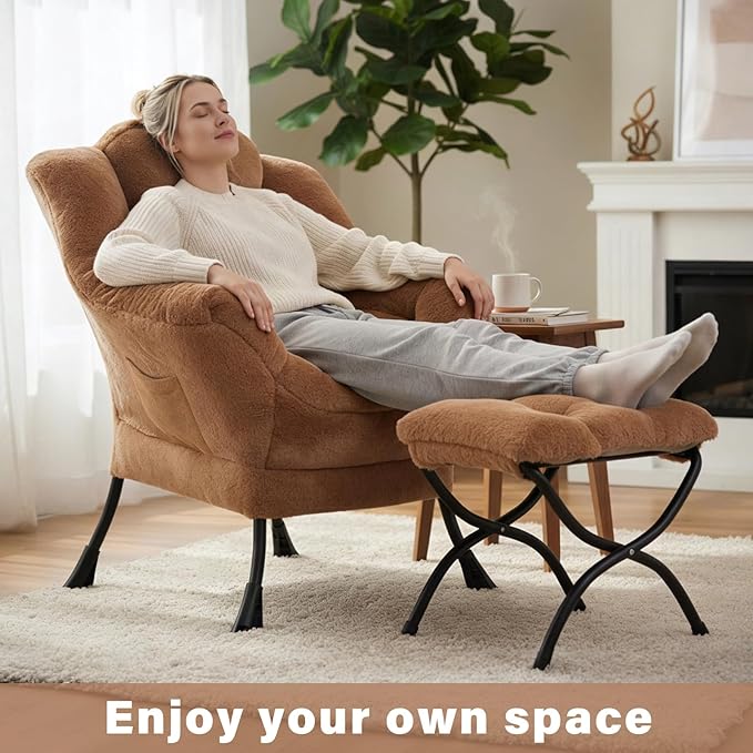 Cozy Lazy Chair and Ottoman, Large Contemporary Plush Brown Accent Chair Set, Modern Leisure Upholstered Reading Armchair for Bedroom, Living Room, Dorm Rooms, Office, Balcony