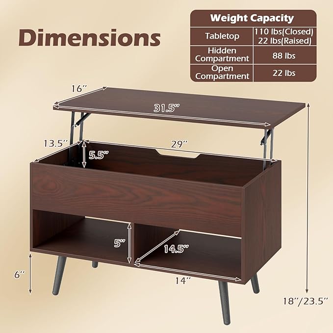 Giantex Lift Top Coffee Table, Modern Cocktail Table w/Hidden Compartment & 2 Open Shelves, Flip Top Center Table, Wooden Pull up Coffee Table for Living Room, Reception Room, Office (Walnut)