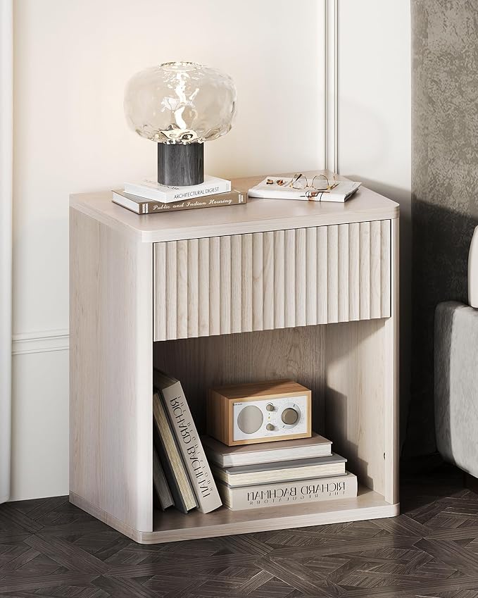 WLIVE Night Stand, Wood Nightstand with Storage Drawer and Open Shelf, Fluted Bedroom Nighstand, Mid Century Bed Side Table, End Tables Living Room, Dorm, Home Office, White Alder - Image 2