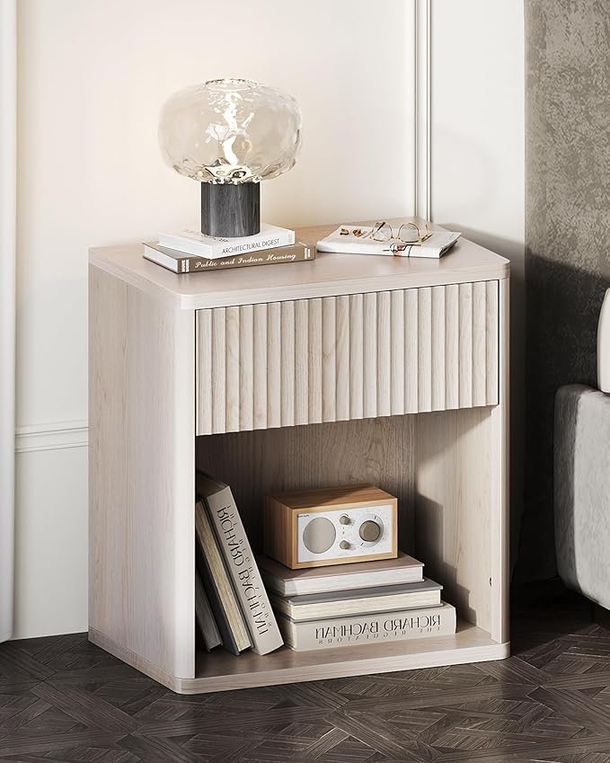 WLIVE Night Stand Set of 2, Wood Nightstand Sets with Storage Drawer and Open Shelf, Fluted Bedroom Nighstands, Mid Century Bed Side Table, End Tables Living Room, Dorm, Home Office, White Alder - Image 2