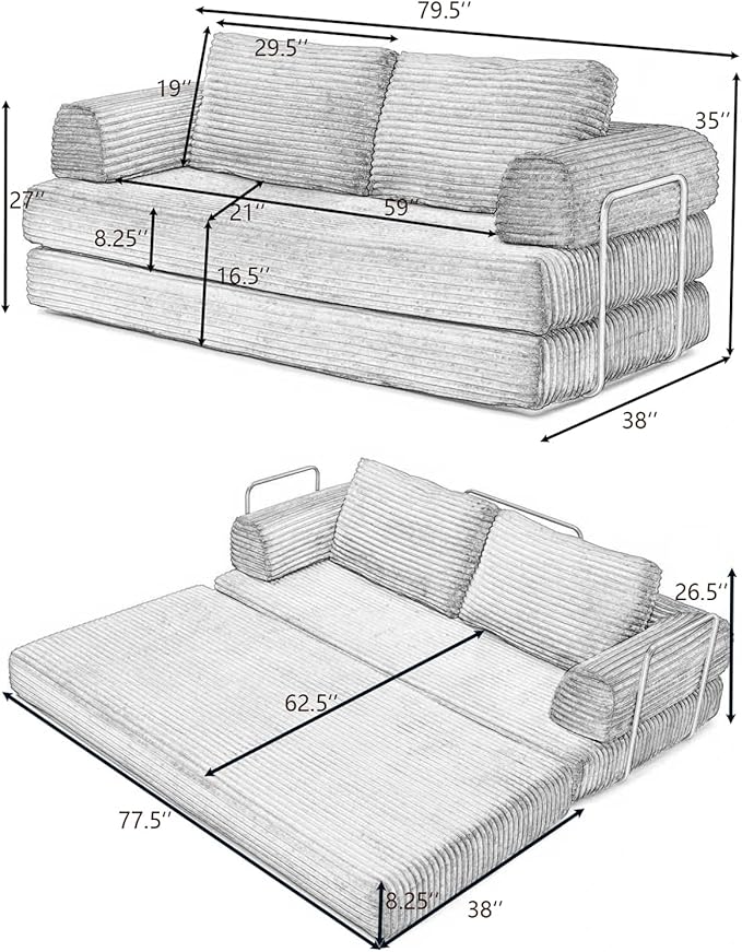 Eafurn Boneless Convertible Folding Sofa Bed, 4-in-1 Memory Foam Sleeper Loveseat with Armrests, Modern Corduroy Upholstered Floor Couch & Fold Out Mattress for Living Room, Apartment | Breathable material, Fixed-shape Frame